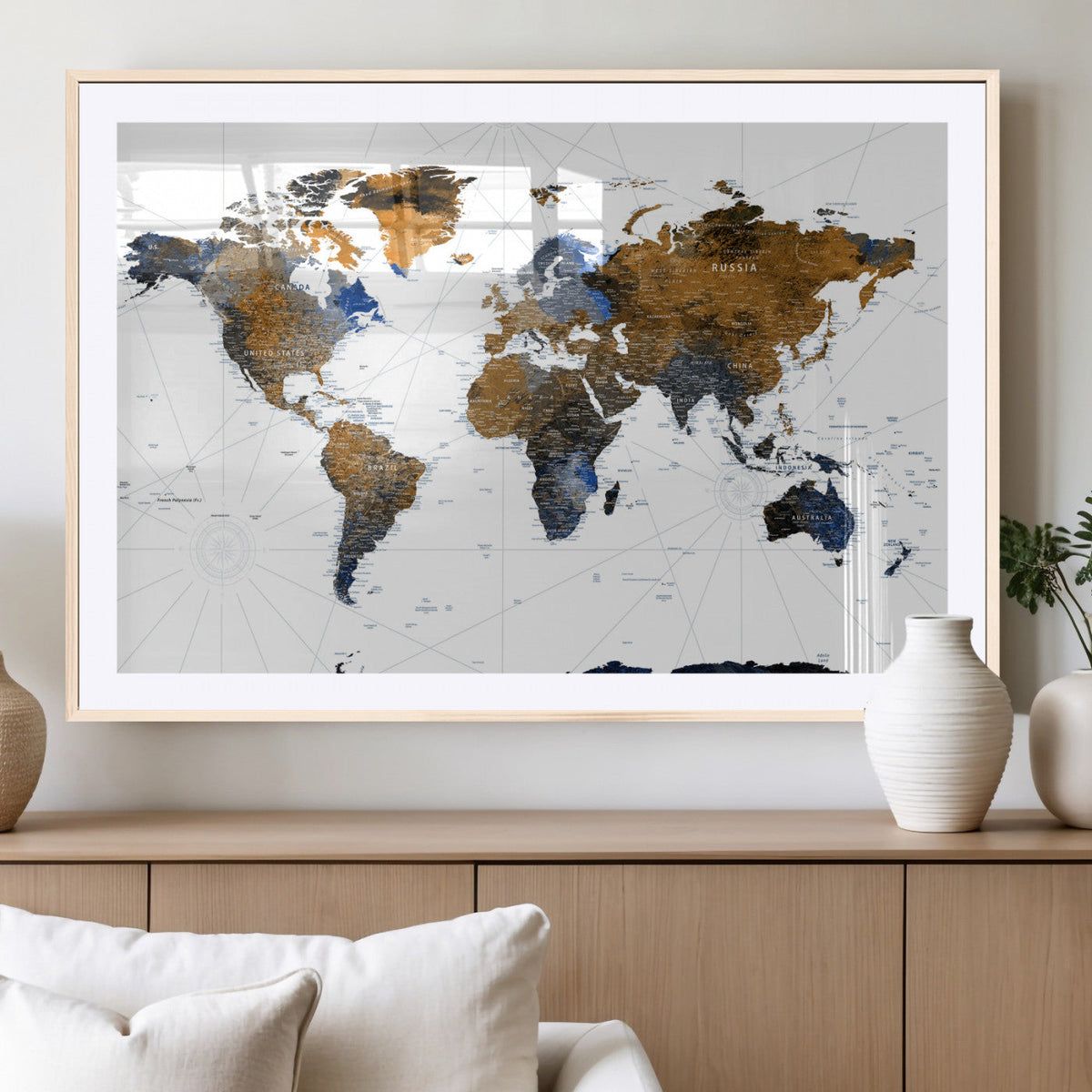 Colorful Watercolor World Map Canvas Wall Art – Framed