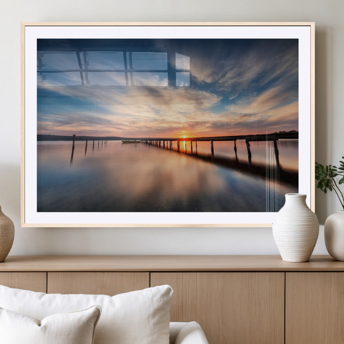 Wooden Pier on Seascape and Sunset Wall Art Canvas Print