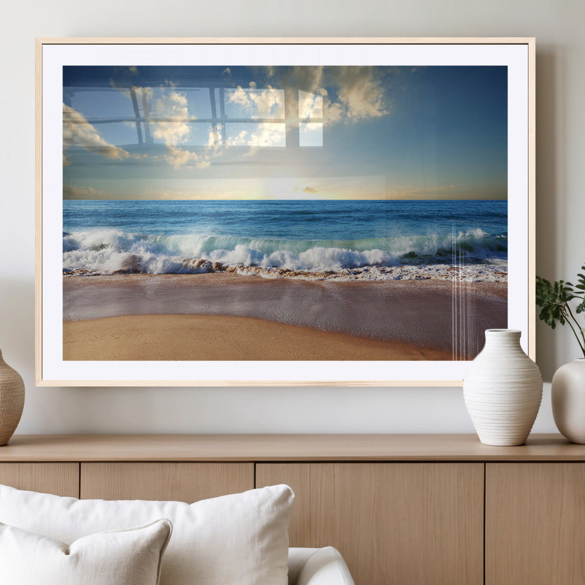Serene Ocean Sunset Canvas Wall Art - Beach Waves at Sunset,