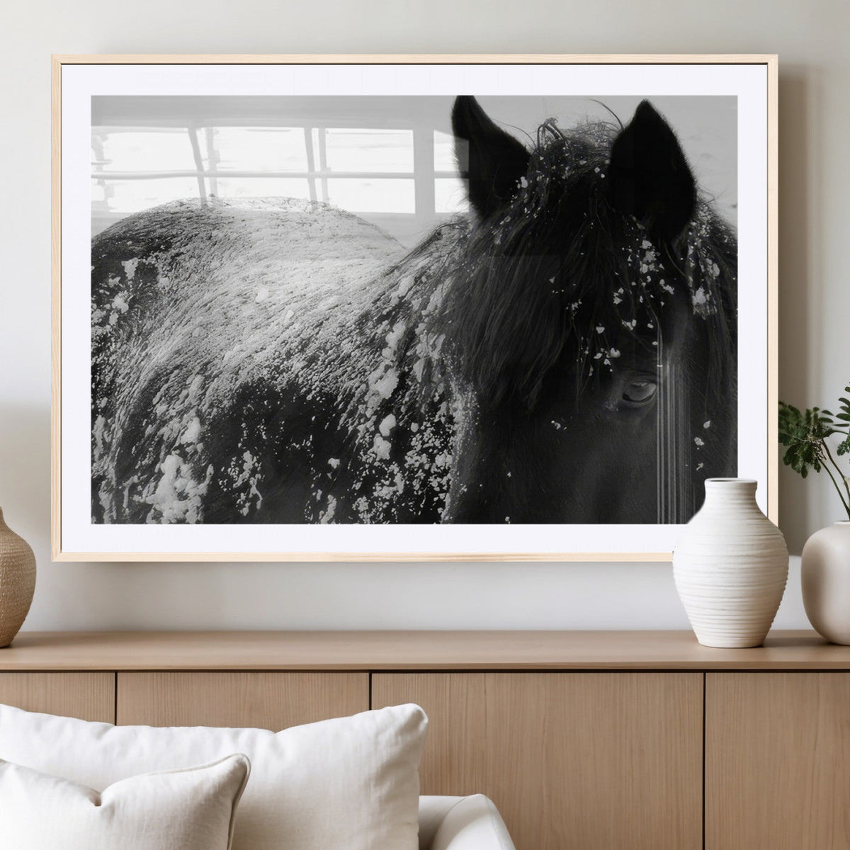 Black Horse in Snow Canvas Print | Winter Horse Wall Art |