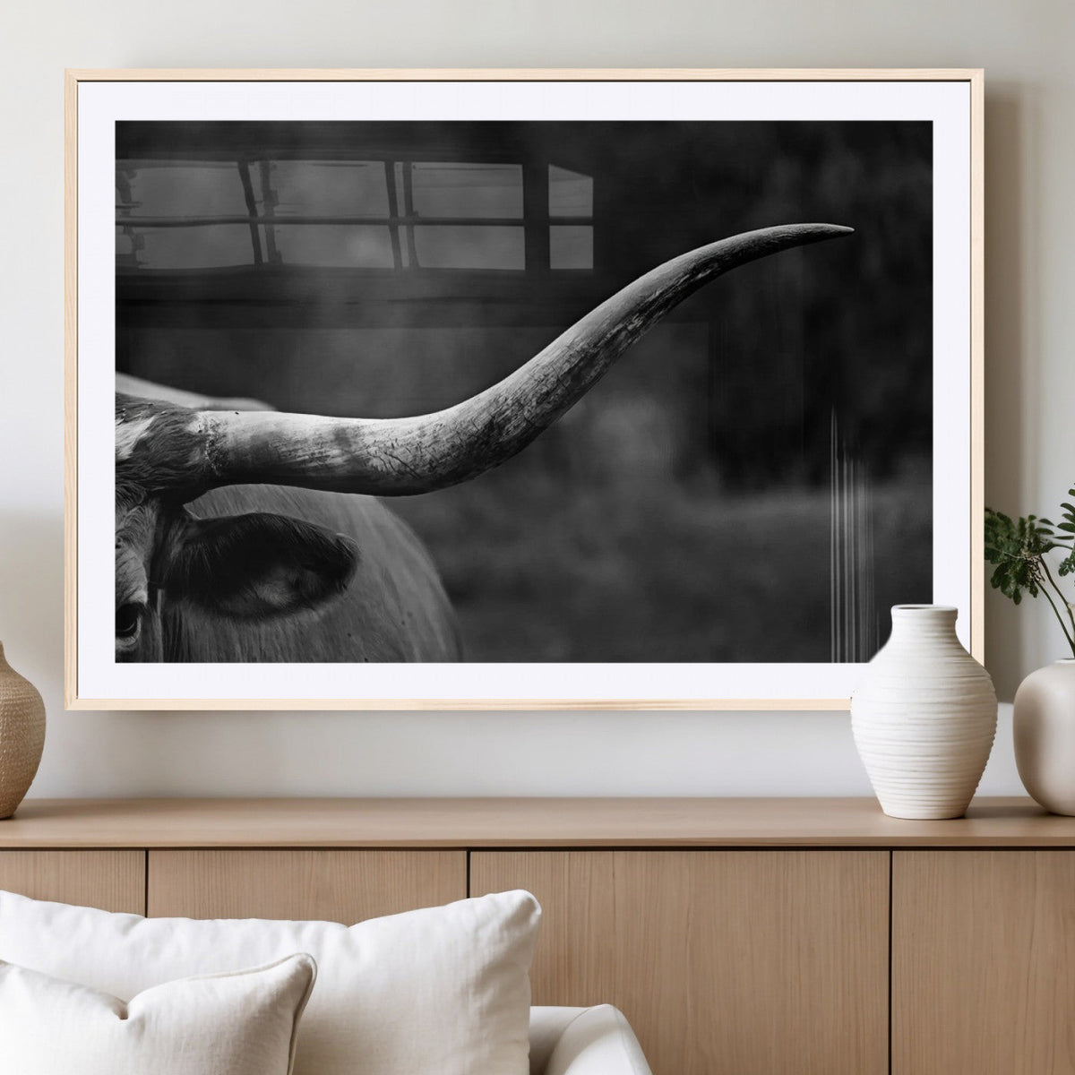 Cow Longhorn Wall Art | Black and White Print | Ready to