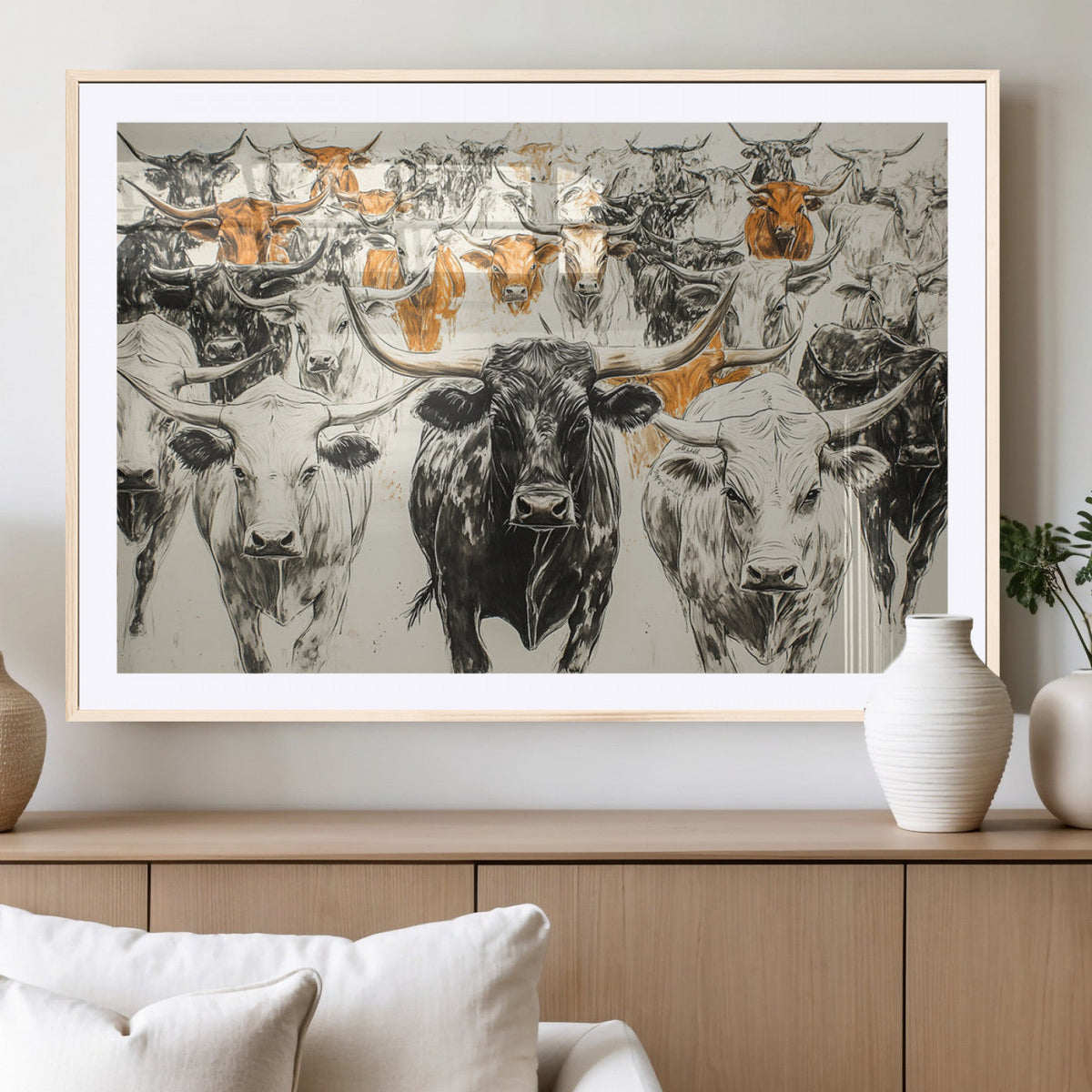 Farmhouse Wall Art | Western Longhorn Cattle Canvas Print |