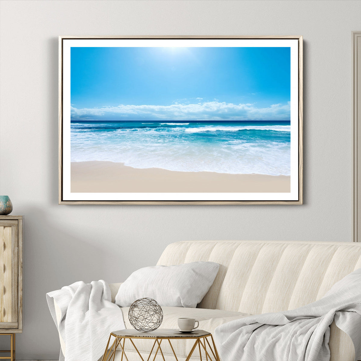 Wall Art Canvas Print Shiny Blue Sea and Beach
