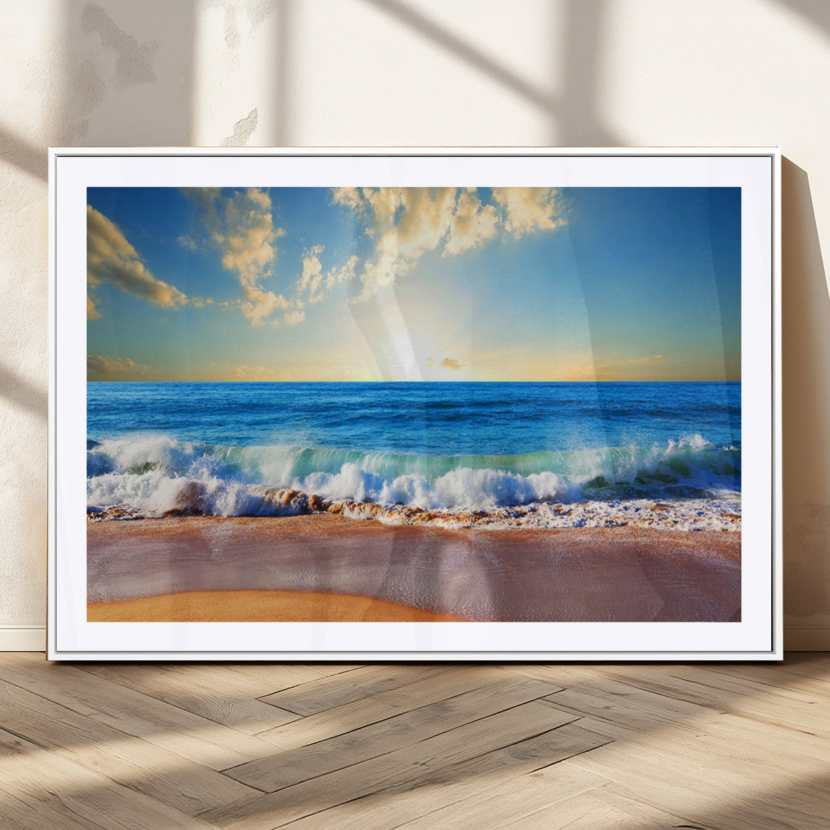 Tropical Beach Sunset Canvas Art, Ocean Waves and Sandy