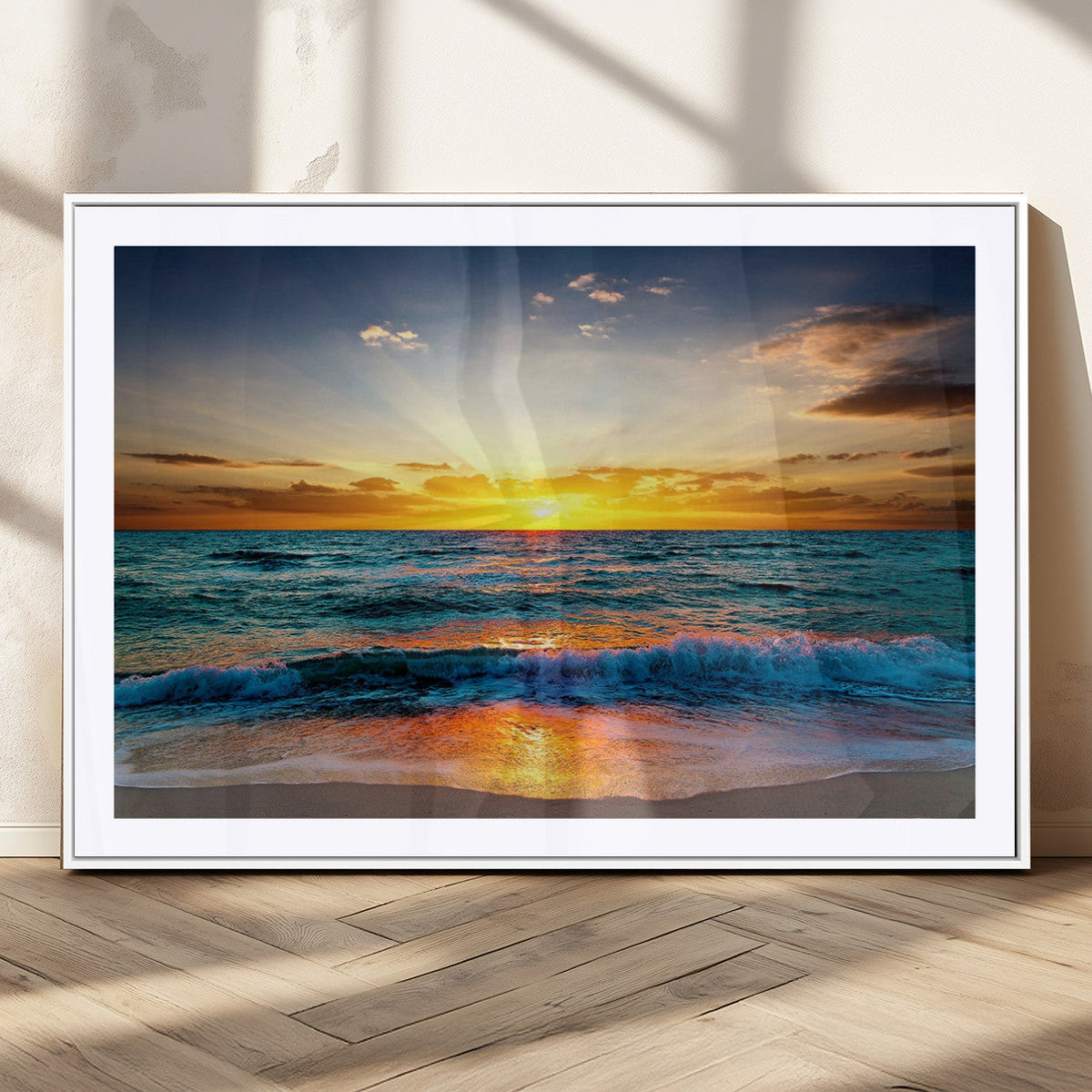 Vibrant Ocean Sunrise Over Golden Beach Waves, Giclee Canvas