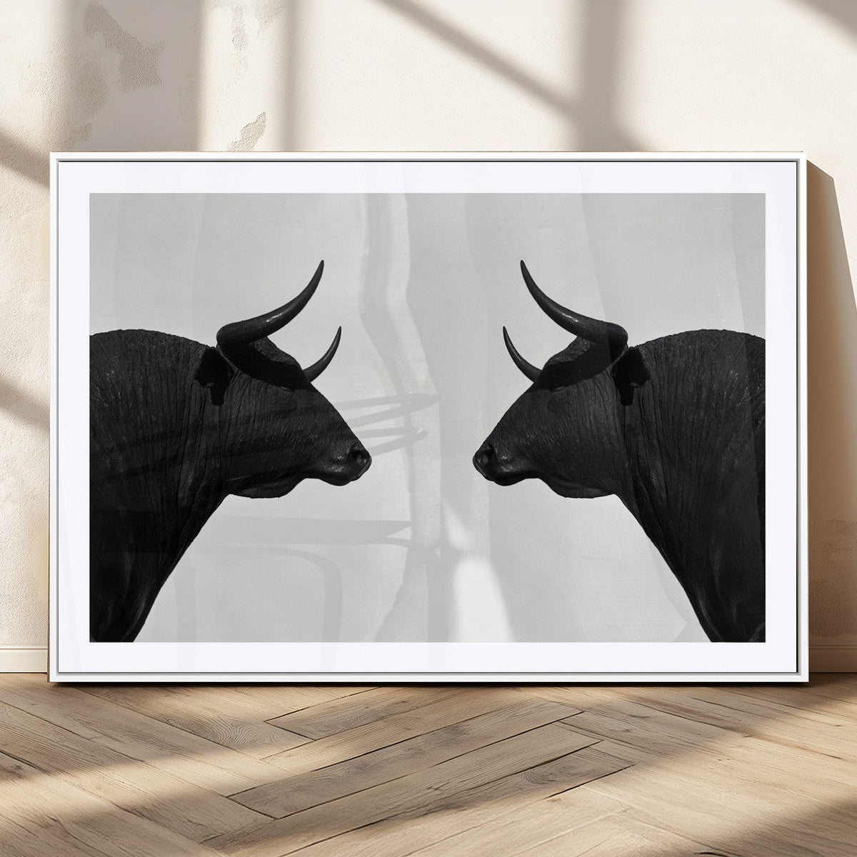 Spanish Bull Art - Framed Black and White Bull Canvas Print