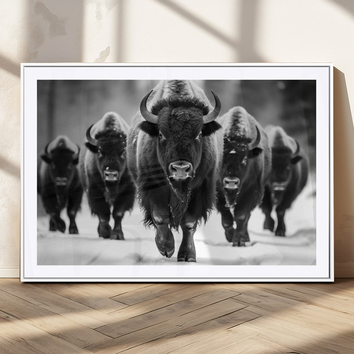 American Bison Art | Buffalo Herd Wall Art Canvas Print, BW
