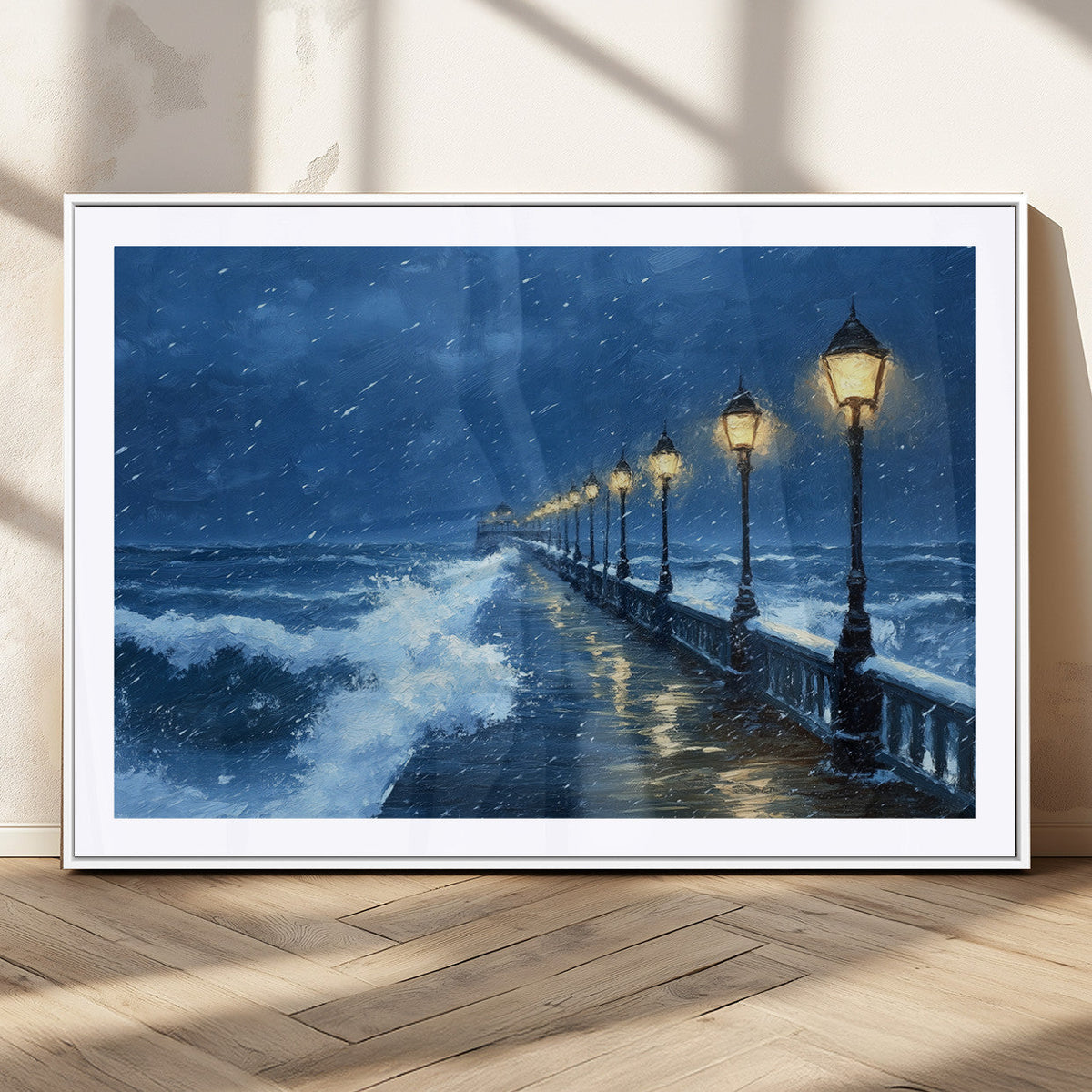 Stormy Ocean Pier Lights Canvas Wall Art Print - Large Moody