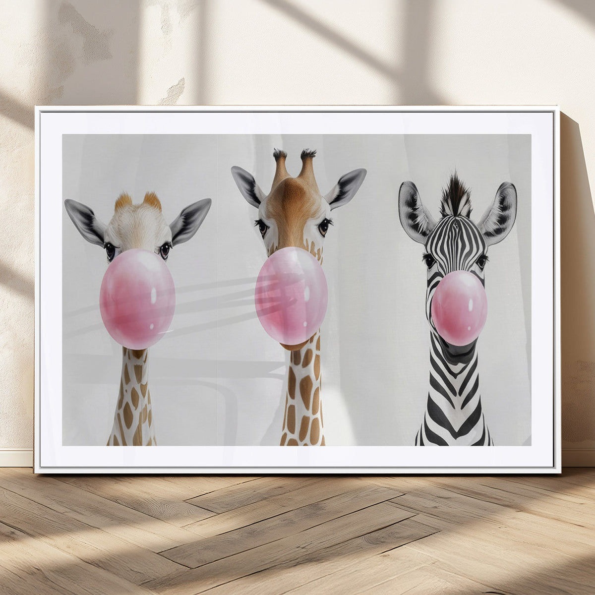 Bubblegum Animals Canvas Wall Art - Playful Giraffe and