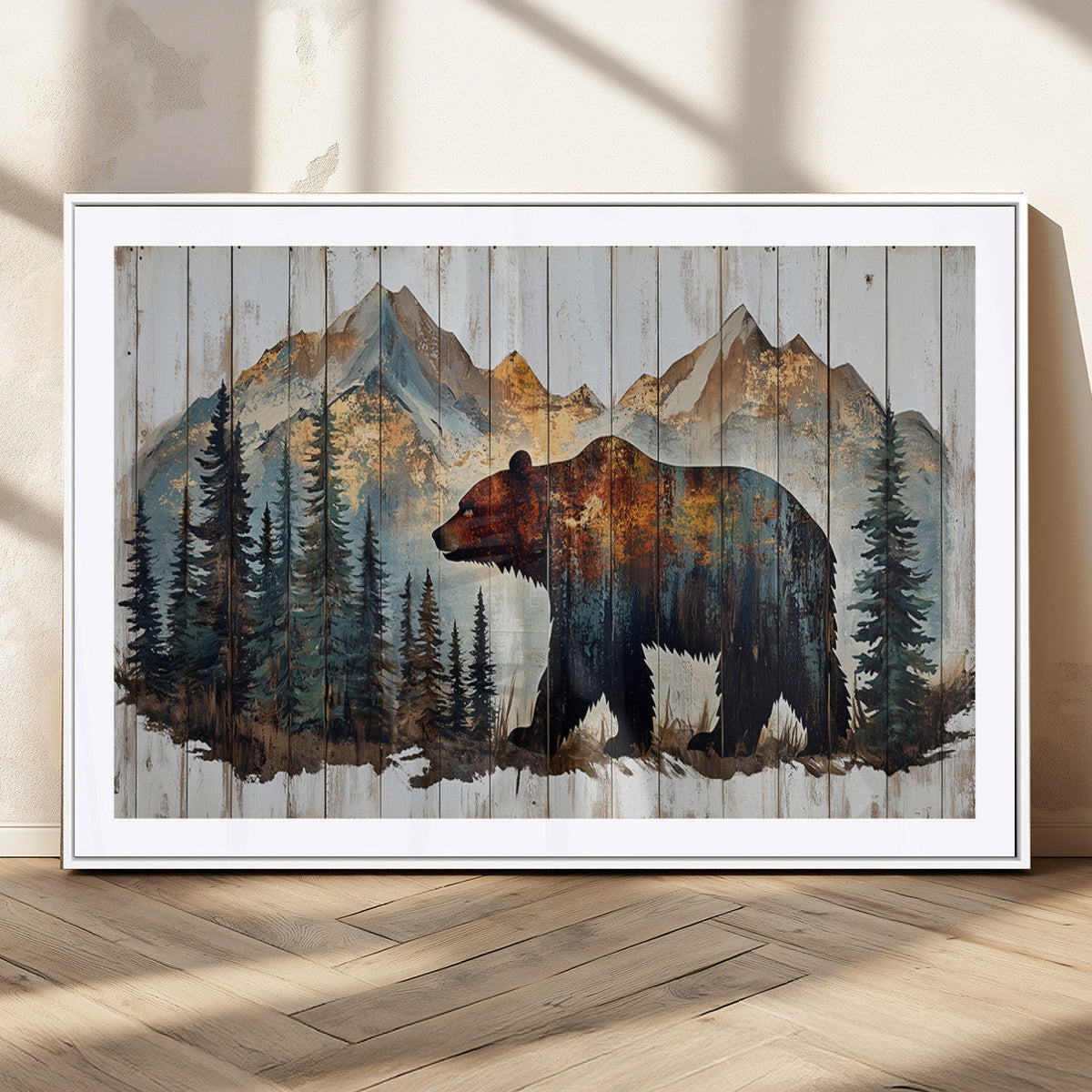 Rustic Grizzly 399 Bear and Mountain Wood Canvas Wall Art -