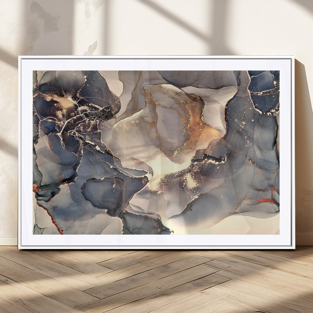 Abstract Blue and Gold Wall Art - Fluid Ink Artwork - Modern