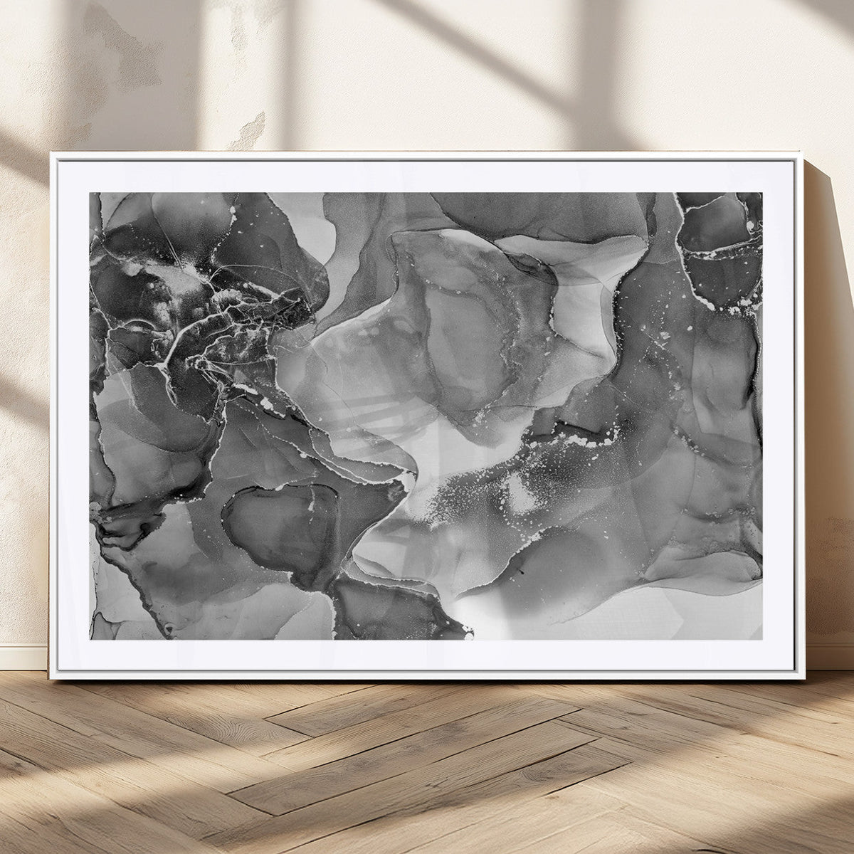 Black White Abstract Canvas Wall Art - Fluid Ink Artwork -