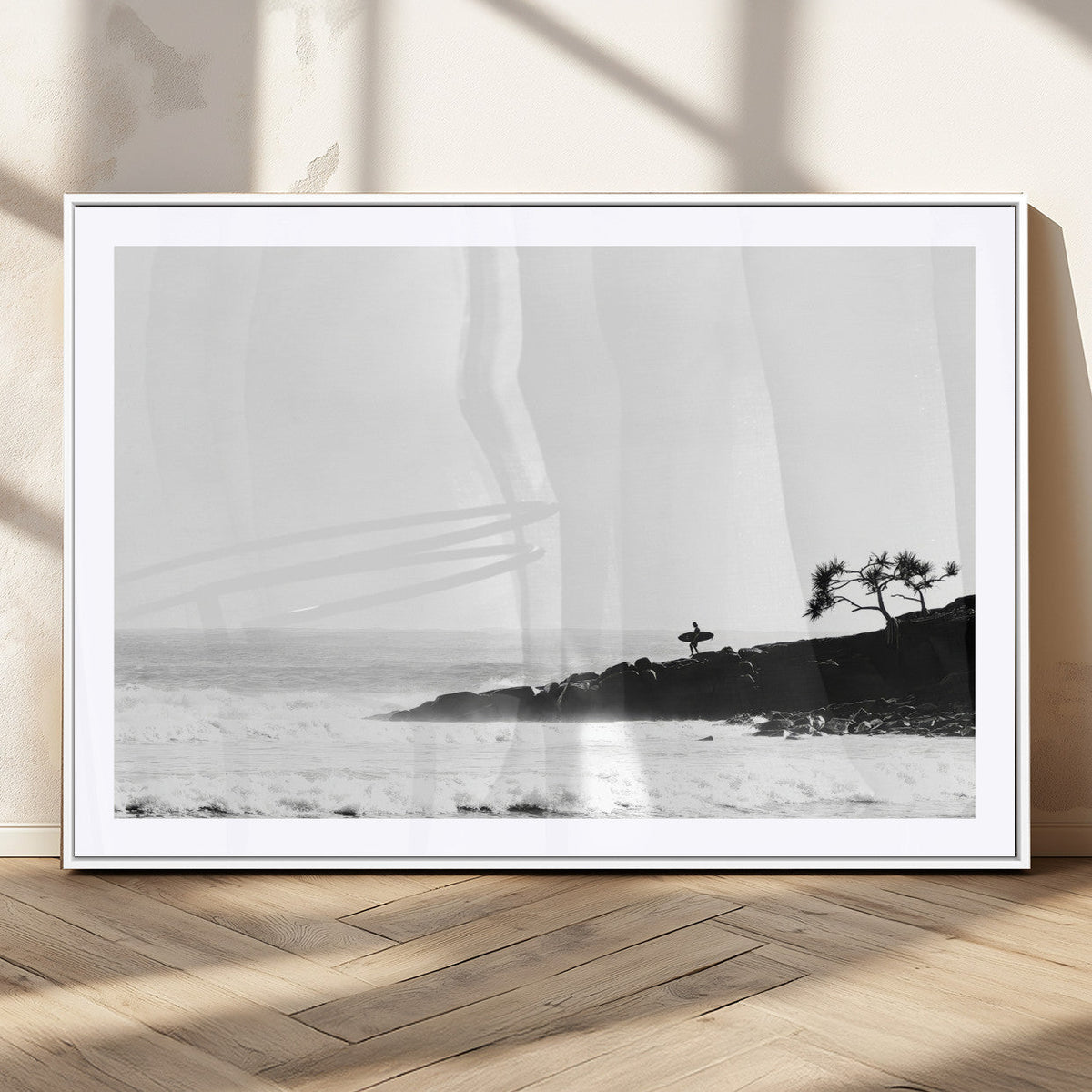 Surfer Cliffs Wall Art Canvas Print – Framed Black White