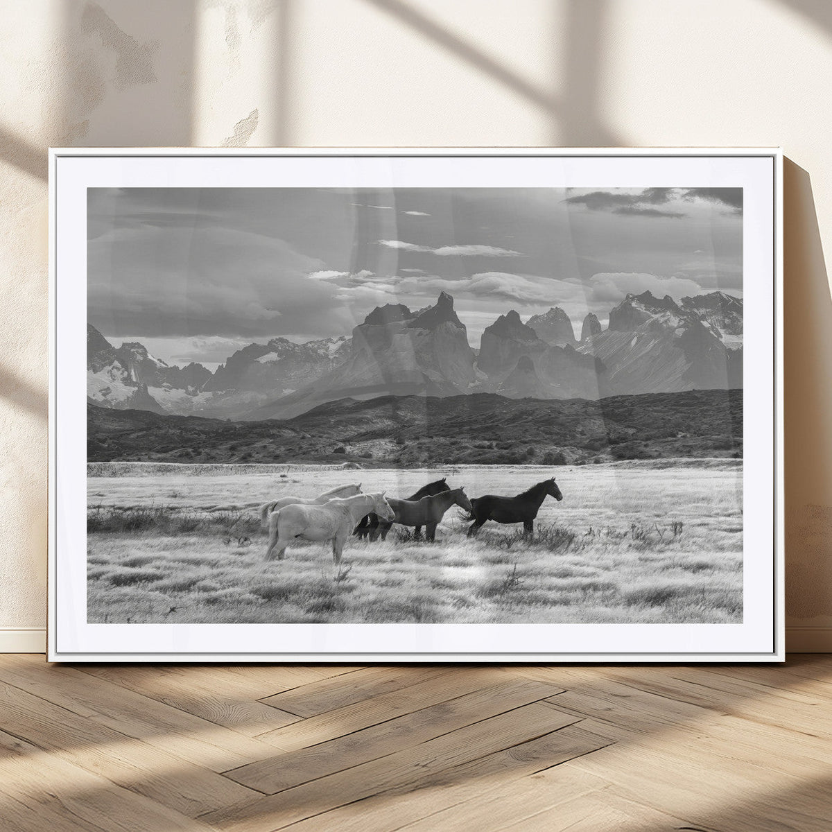 Wild Horses Wall Art Canvas Print – Framed Black and White