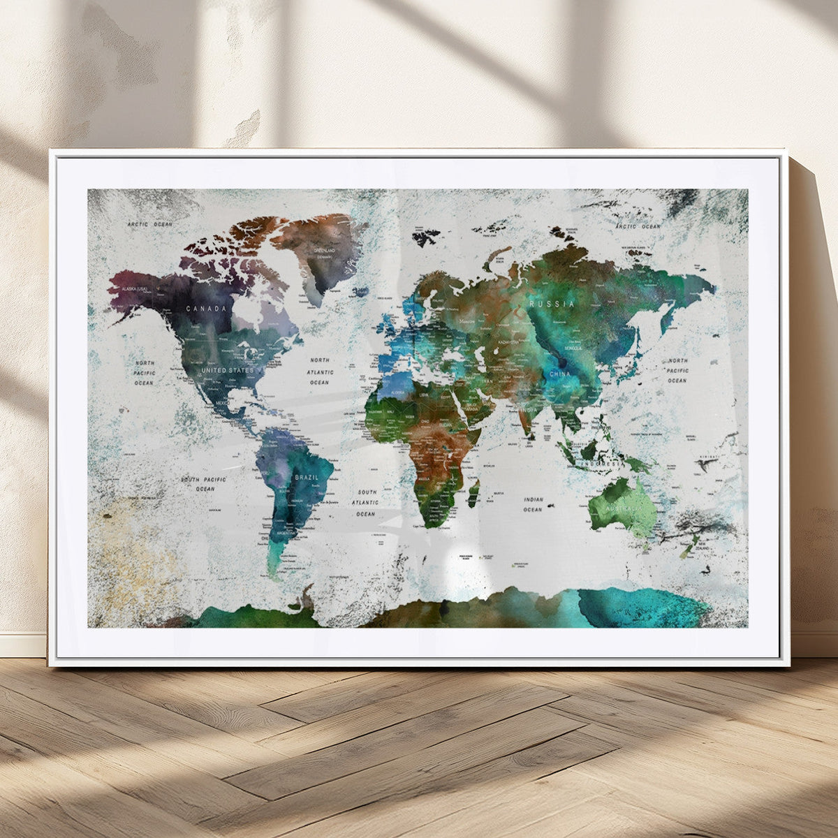 Modern Watercolor World Map Canvas Wall Art – Framed