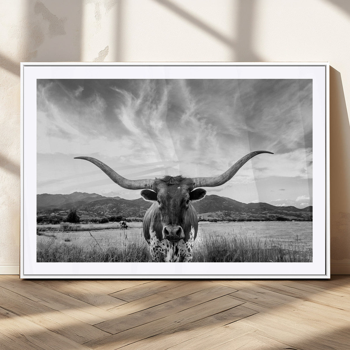 Longhorn Black and White Wall Art – Rustic Western Bull