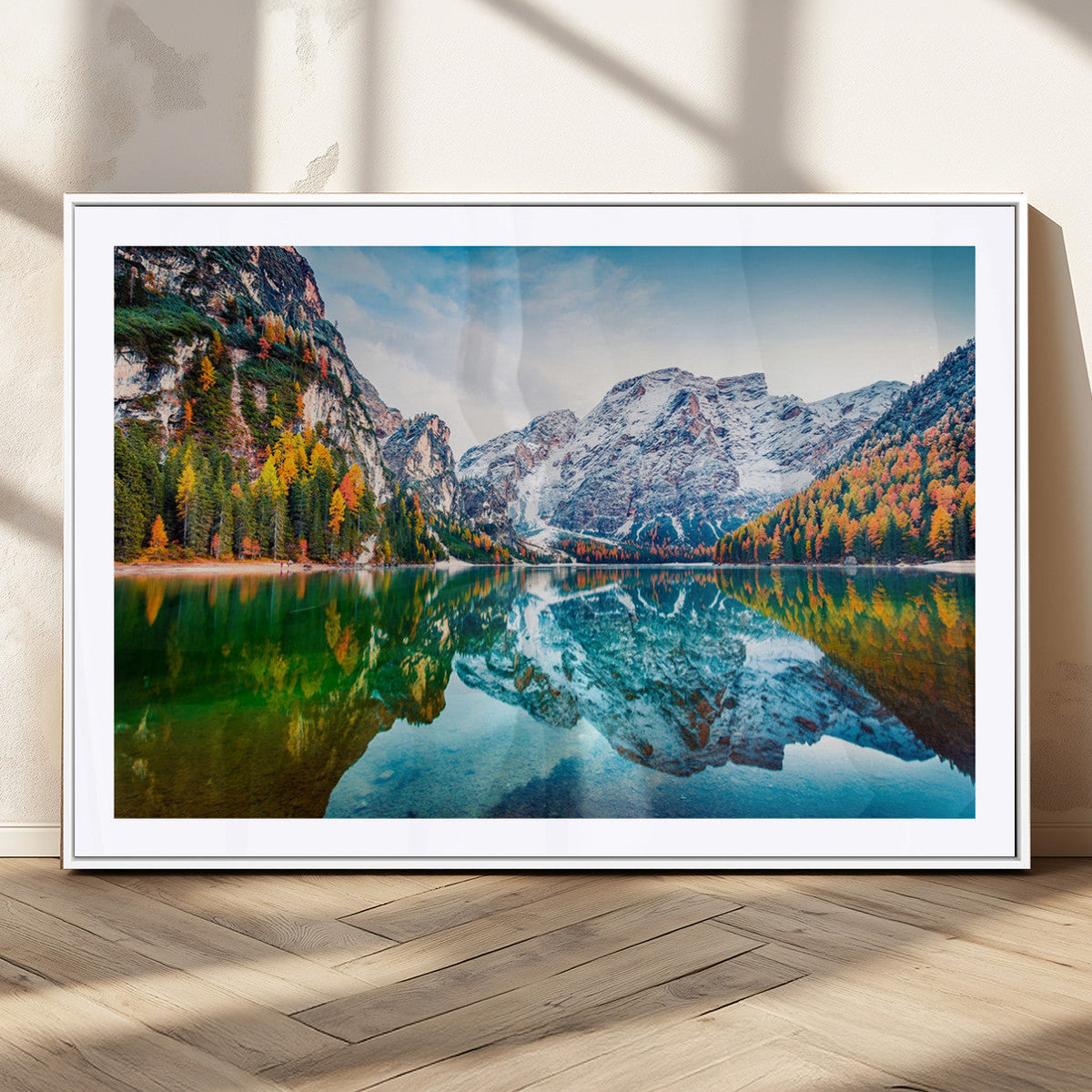 Spectacular autumn view of Braies Lake Wall Art Canvas Print