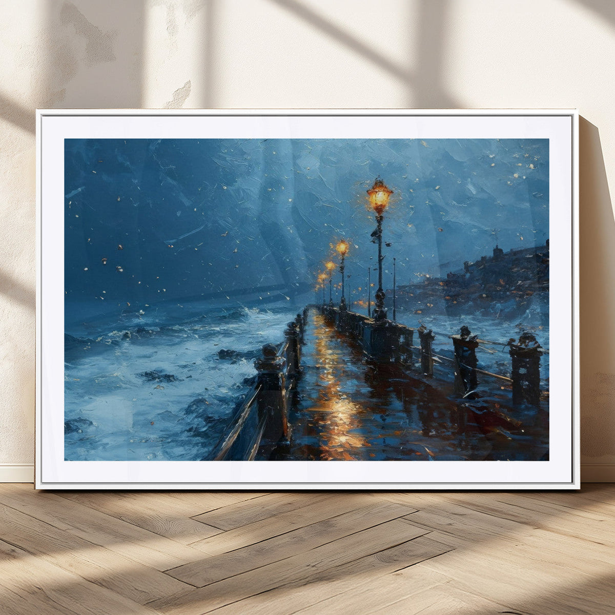 Stormy Night at Beach Pier Oil Painting Large Wall Art