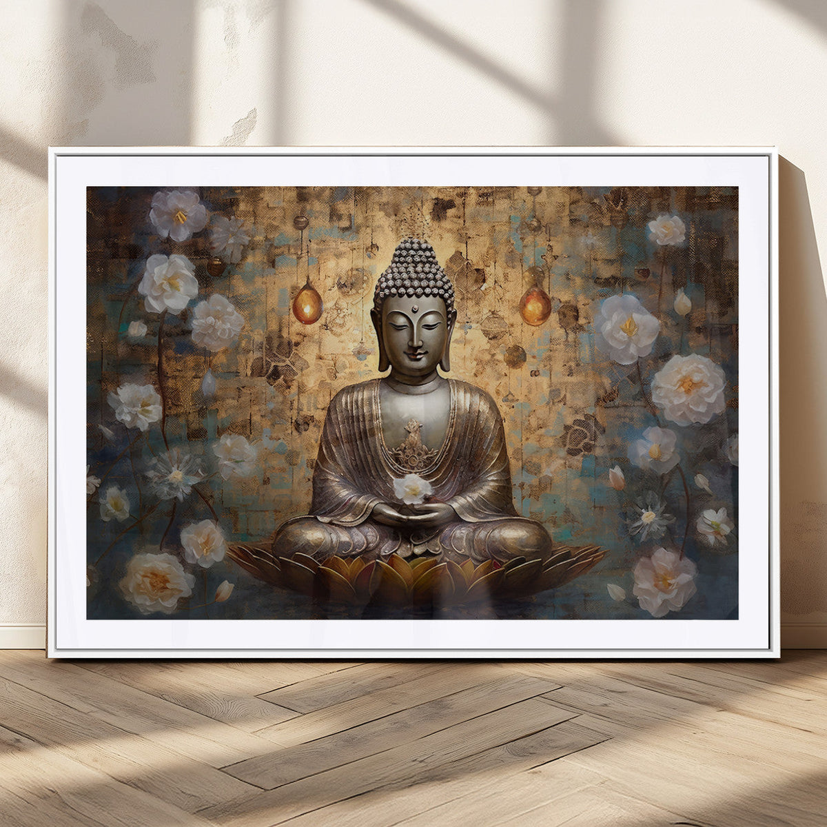 Golden Buddha Wall Art Canvas Print | Zen Meditation Floral