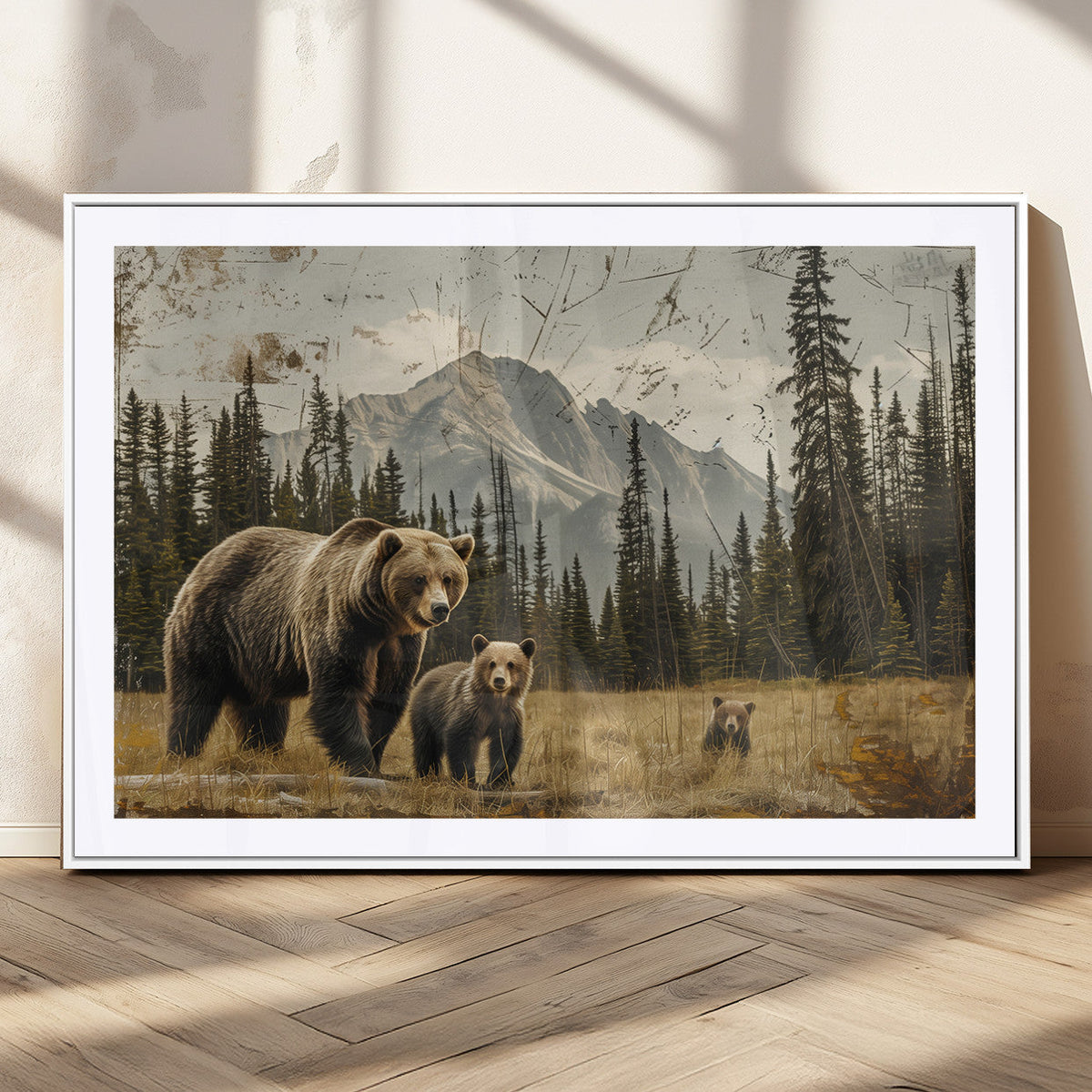 Rustic Grizzly 399 Bear Family Wall Art Canvas Print