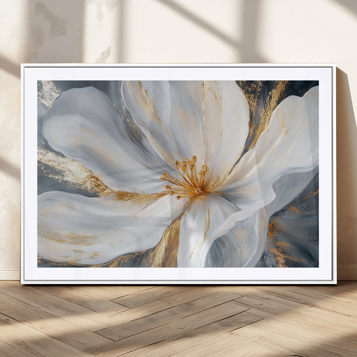 White and Gold Floral Canvas Wall Art - Framed and Ready to