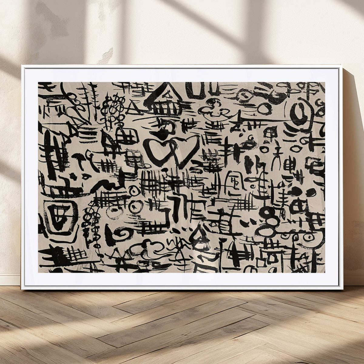 Abstract Love and Chaos Canvas Print, Black Symbols on Beige