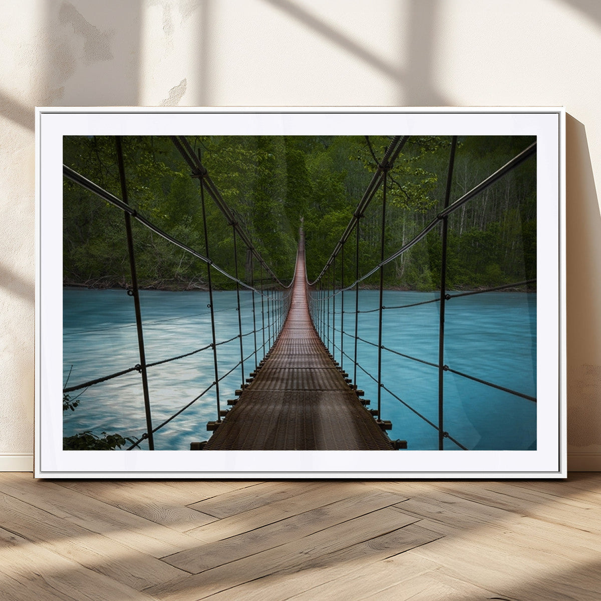 Suspension Bridge Over River Canvas Art | 3-Panel Nature