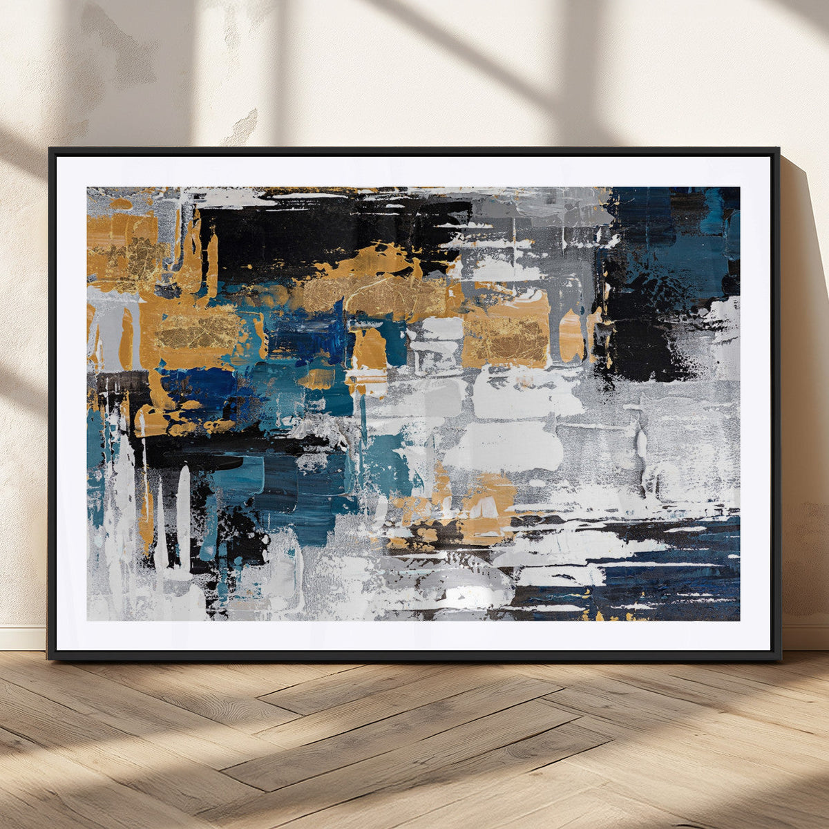 Blue and Gold Abstract Canvas Wall Art – Triptych Modern