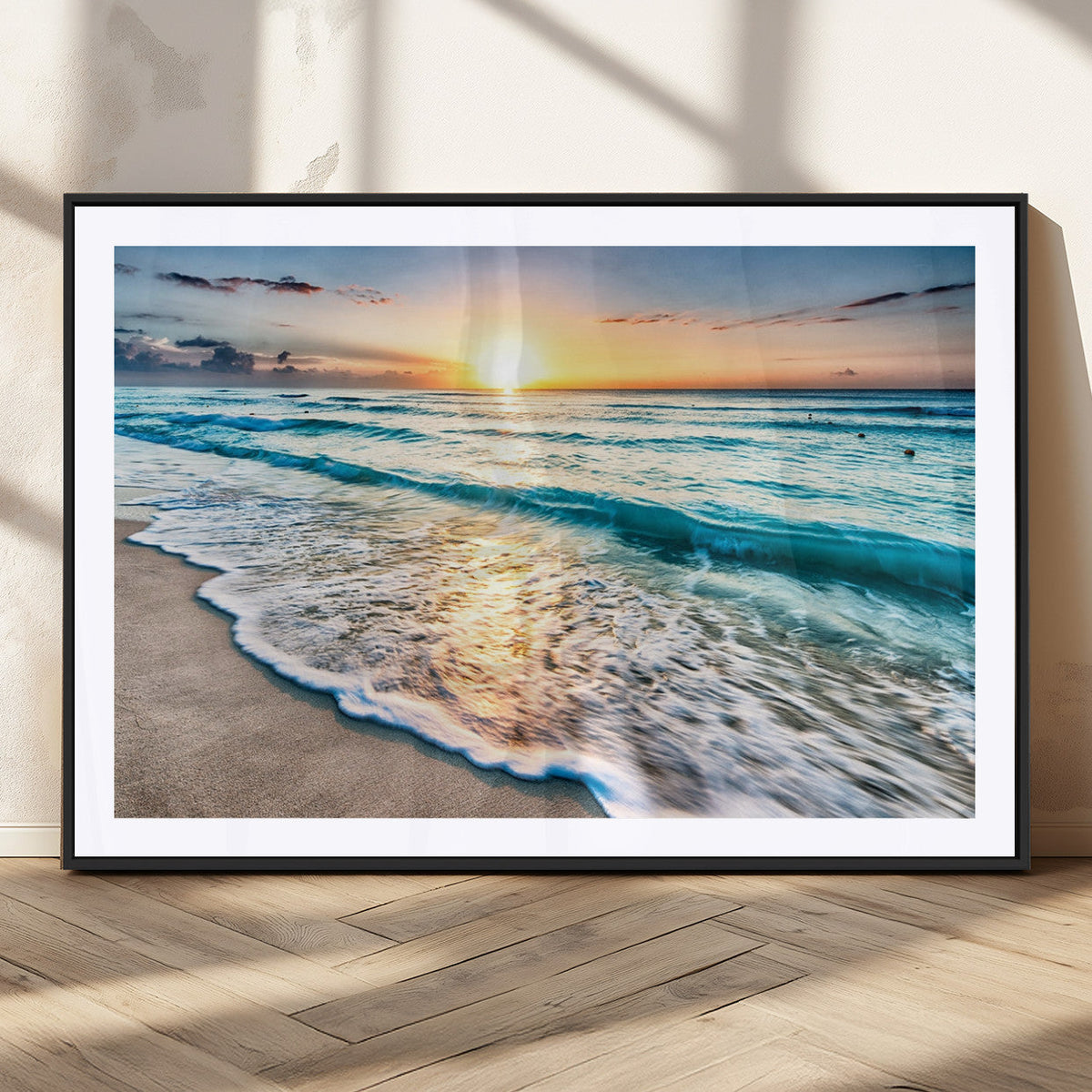 Sunset Beach Waves Canvas Wall Art – 5-Panel Ocean Sunset