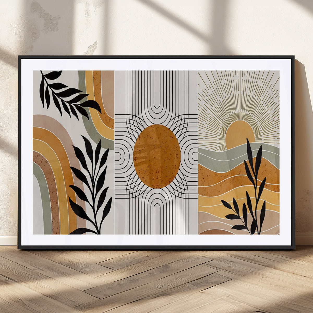 Modern Boho Sun and Leaf Abstract Art – 3-Panel Giclée