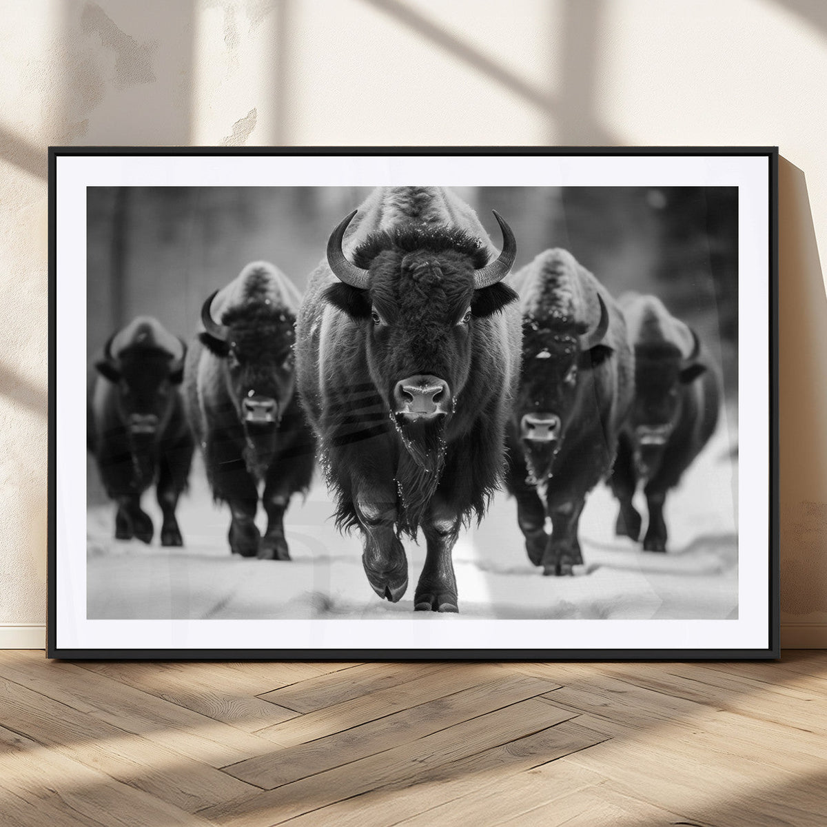 American Bison Art | Buffalo Herd Wall Art Canvas Print, BW