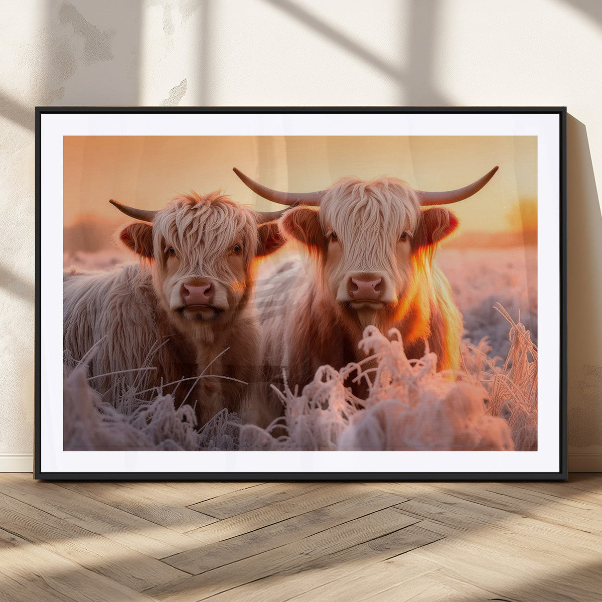 Highland Cows at Sunrise Wall Art Canvas Set – Serene and