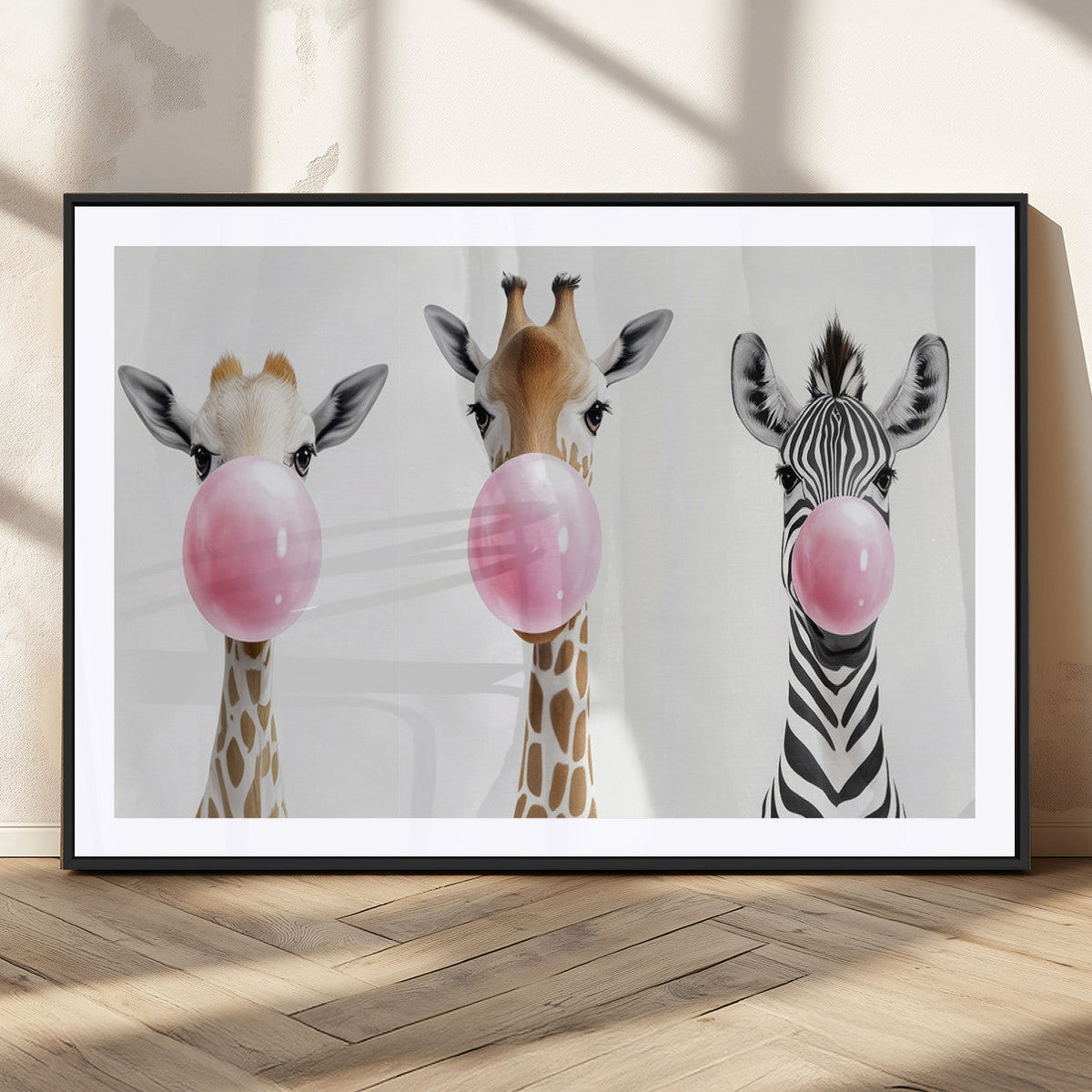 Bubblegum Animals Canvas Wall Art - Playful Giraffe and
