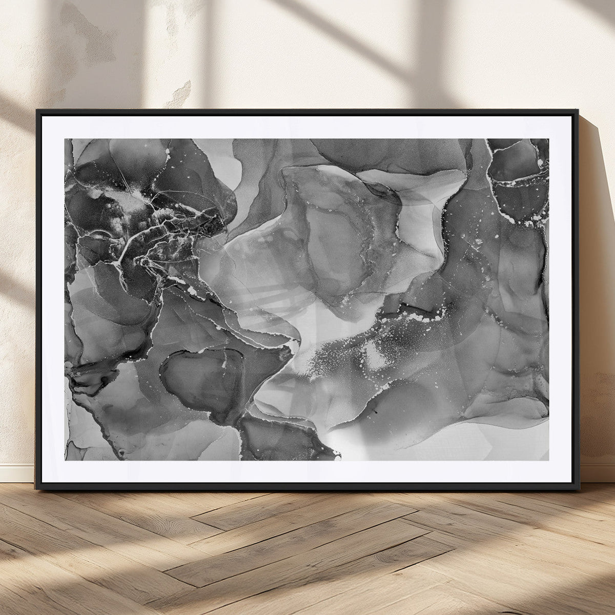 Black White Abstract Canvas Wall Art - Fluid Ink Artwork -