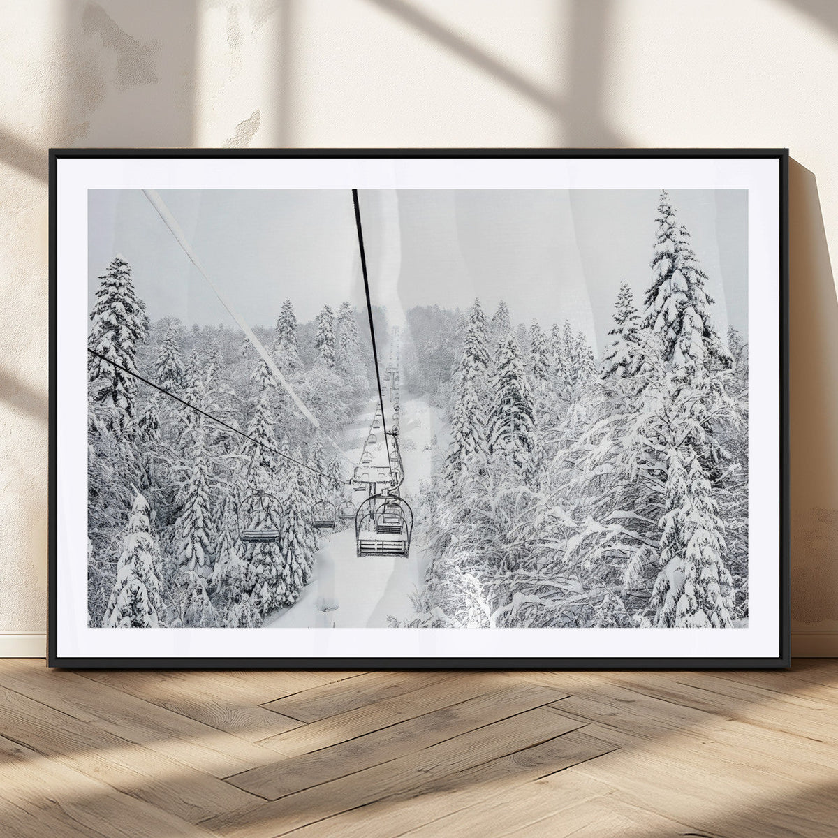 Snowy Ski Lift Wall Art – Framed Winter Mountain Canvas