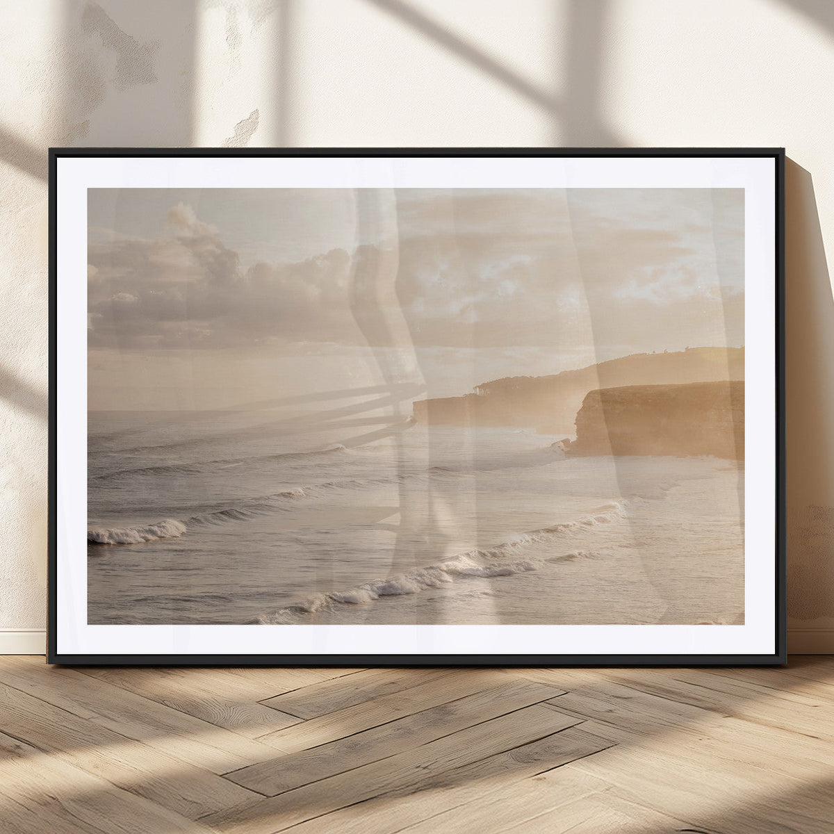 Misty Coastal Wall Art Canvas Print – Framed Golden Sunset