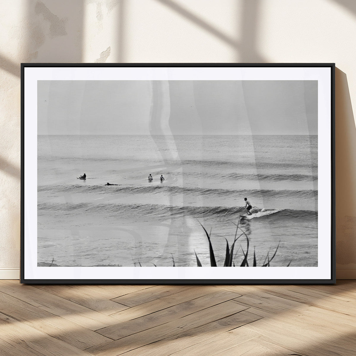 Surfer Silhouette Wall Art Canvas Print, Framed Calm Ocean