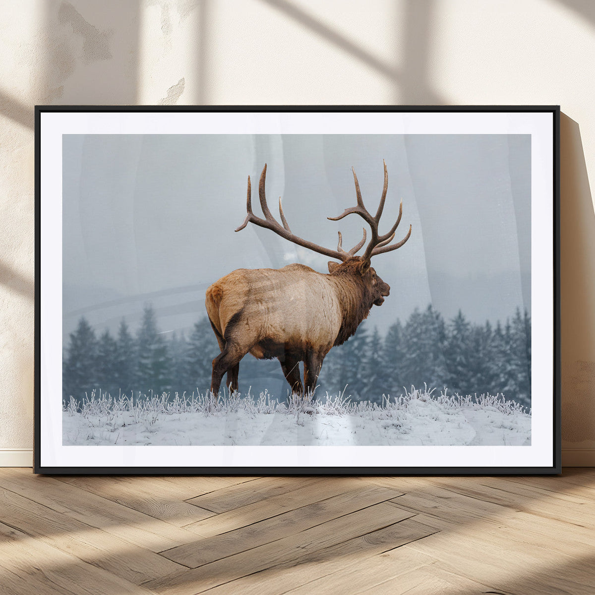 Elk Wall Art Canvas Print – Framed Snowy Forest Scene Art
