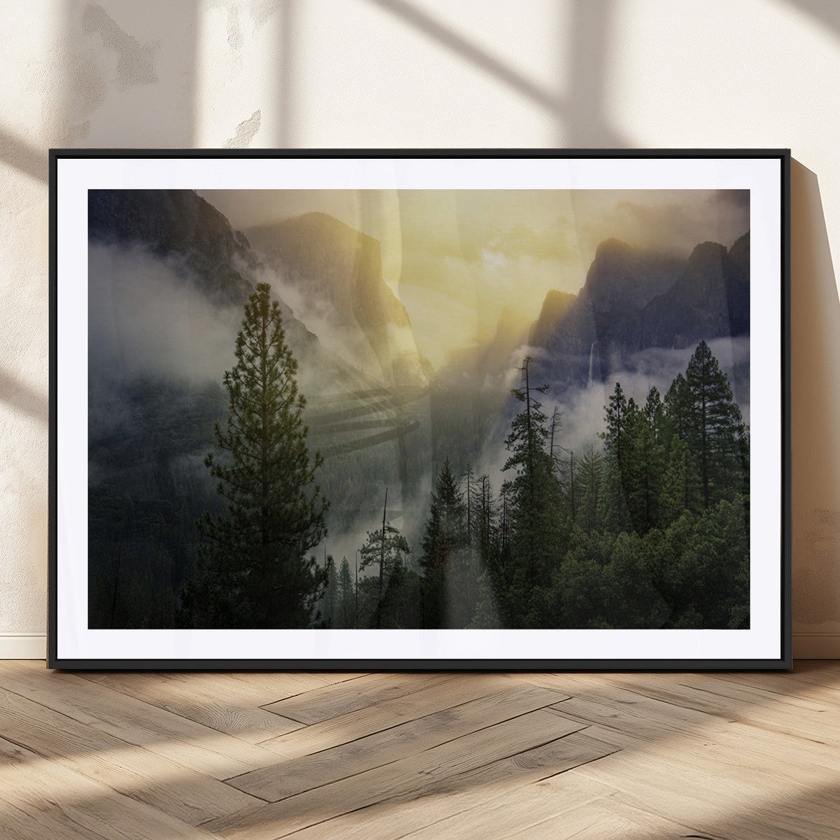 Misty Mountain Valley Wall Art Canvas Print, Golden Sunrise