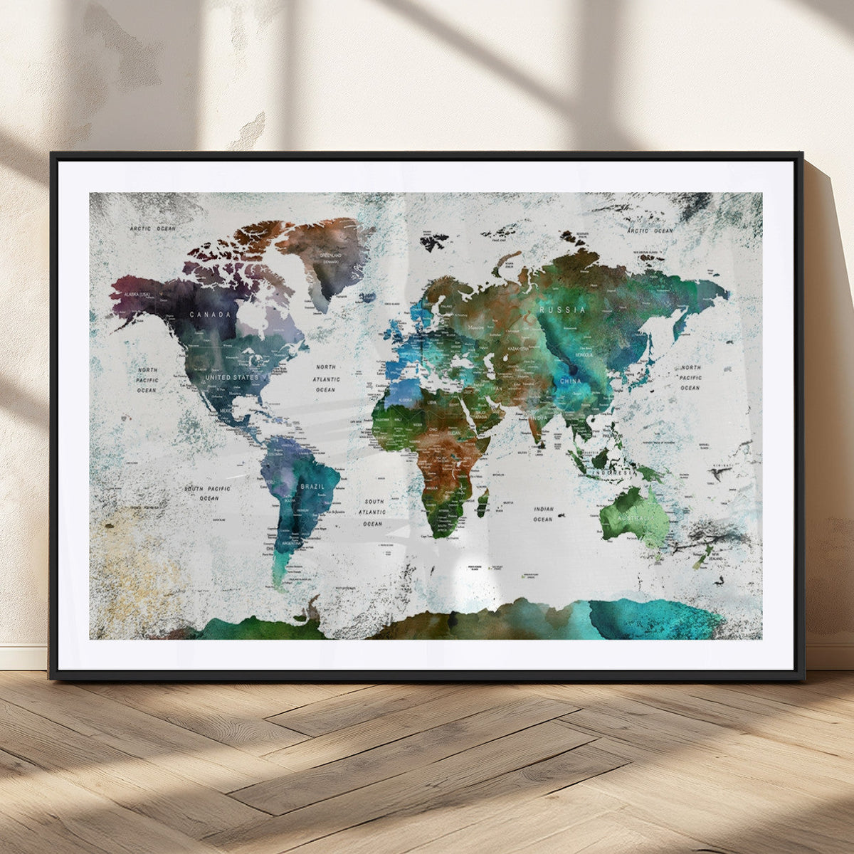 Modern Watercolor World Map Canvas Wall Art – Framed