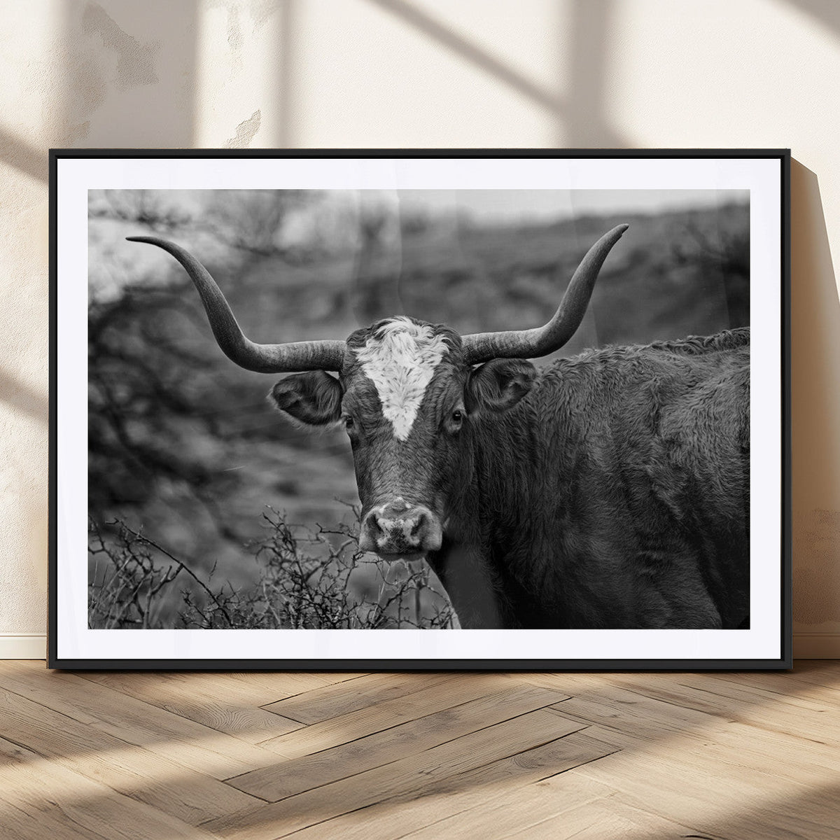 Western Home Wall Art Canvas Print, Framed Texas Longhorn