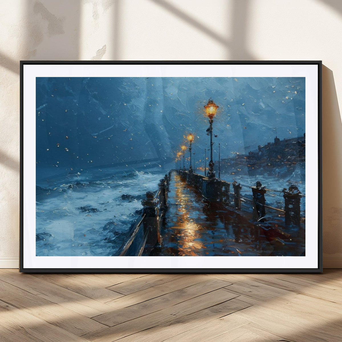 Stormy Night at Beach Pier Oil Painting Large Wall Art