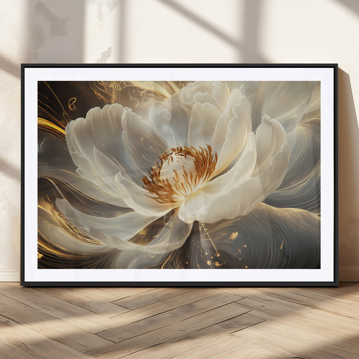 Gold Floral Wall Art Canvas Print, Framed Modern Flower Art