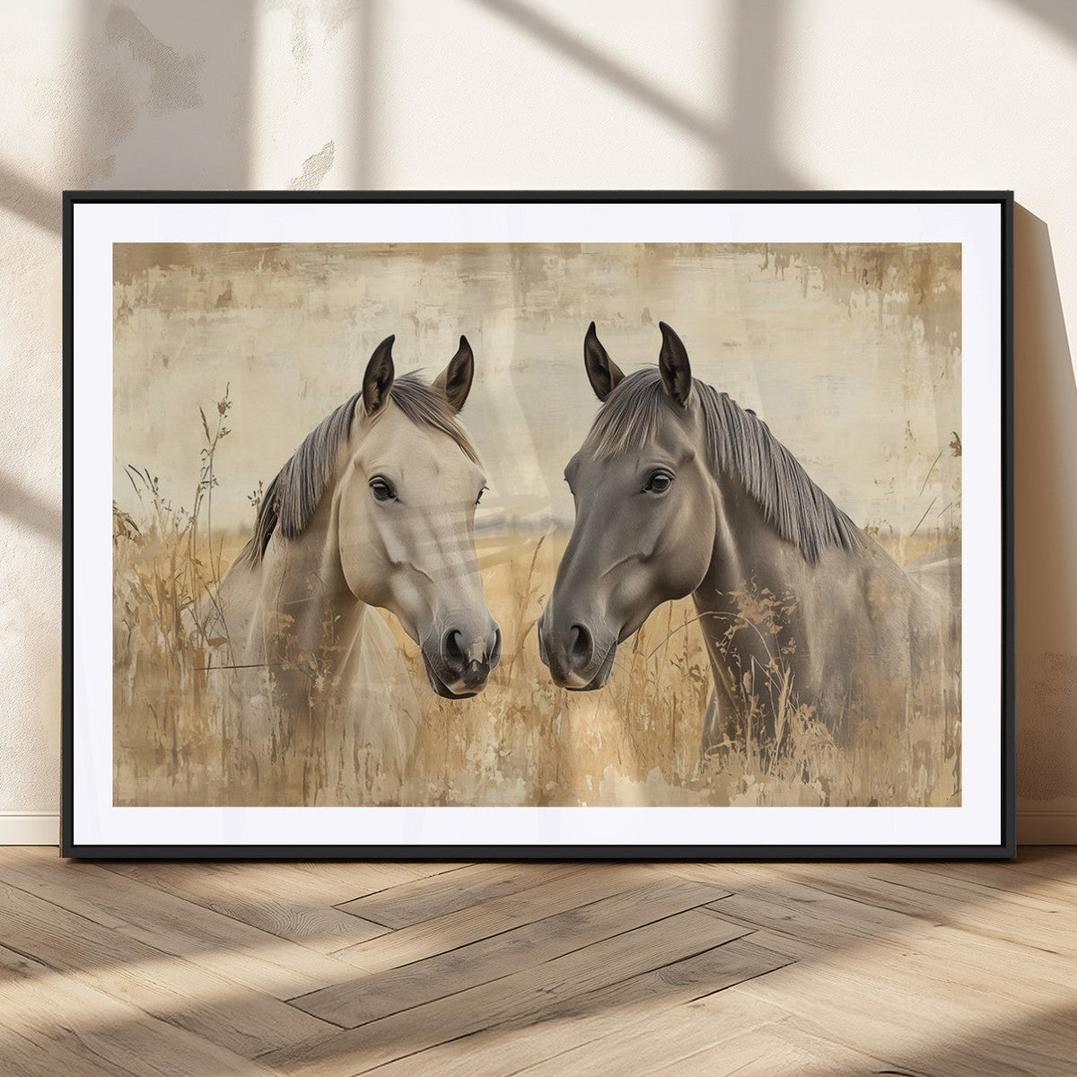 Chines Ink Style Grunge Horses Wall Art Canvas Print