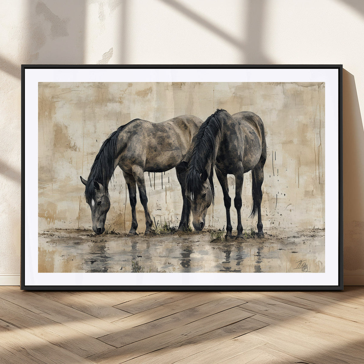 Chinese Style Abstract Black Horses Wall Art Canvas Print -