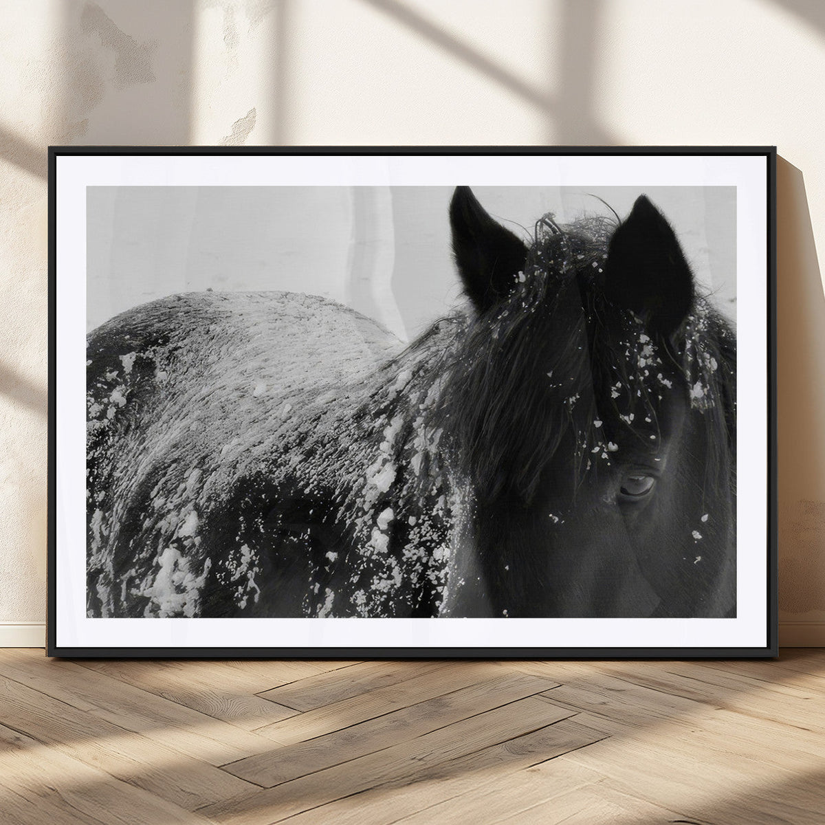 Black Horse in Snow Canvas Print | Winter Horse Wall Art |