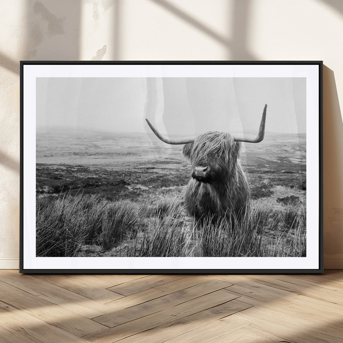 Scottish Highland Cow Wall Art | Black and White Canvas