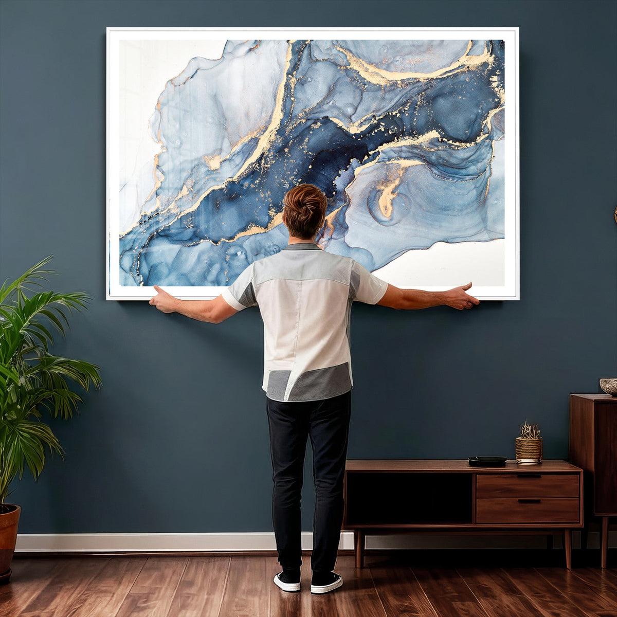 Blue Abstract Canvas Wall Art Print | Fluid Marble Effect Abstract Art