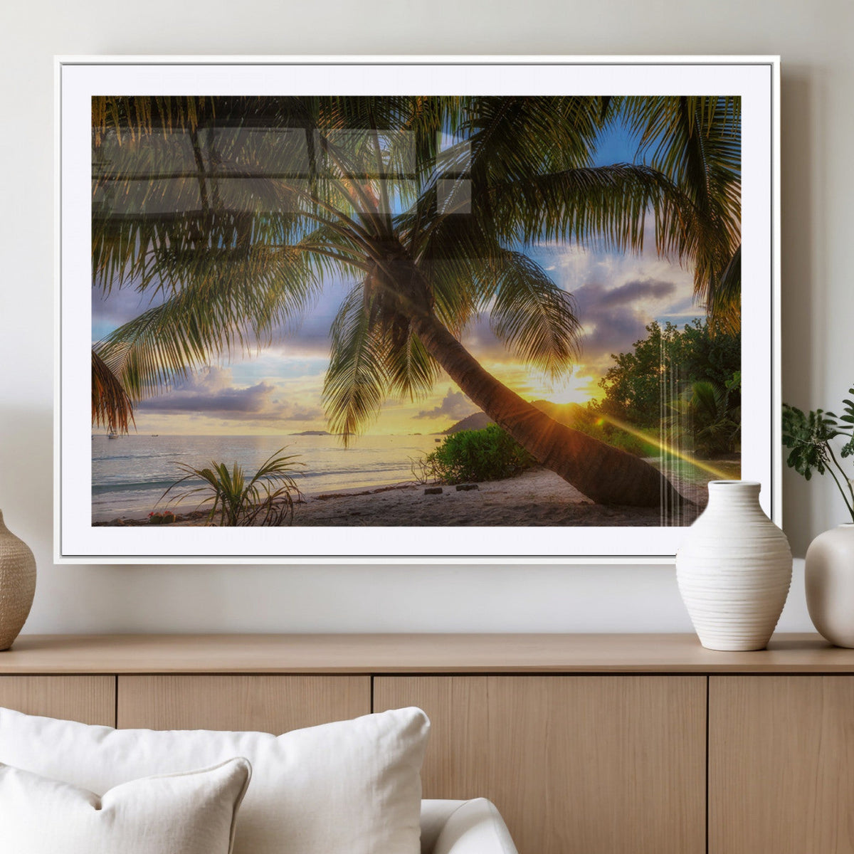 Tropical Island Sunset on the Beach Palms Wall Art Canvas