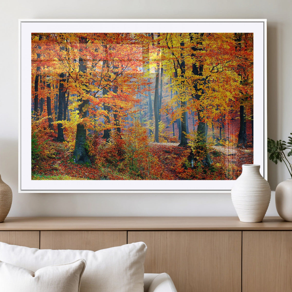 Autumn Red Forest Triptych Canvas Wall Art Print, Forest
